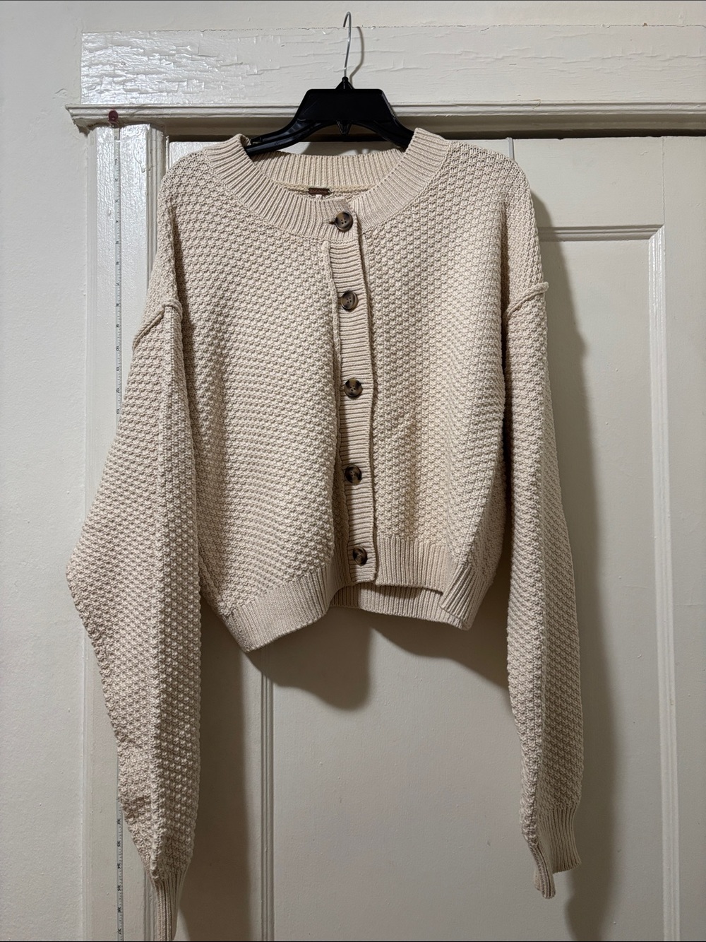 Free People Cropped Cream Button-Front Textured Cardigan Sweater